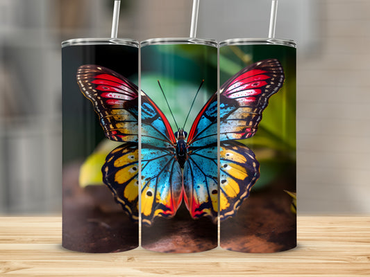 Colorful butterfly on three tumblers with straws.