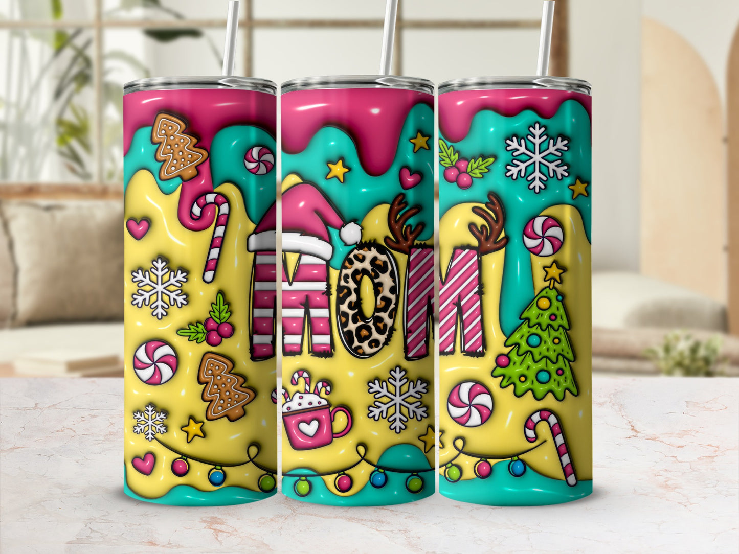 Festive Holiday Mom Themed Tumbler with Straw Design
