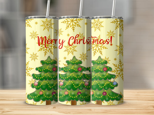 Three Christmas trees with ornaments and snowflakes, "Merry Christmas!" text.