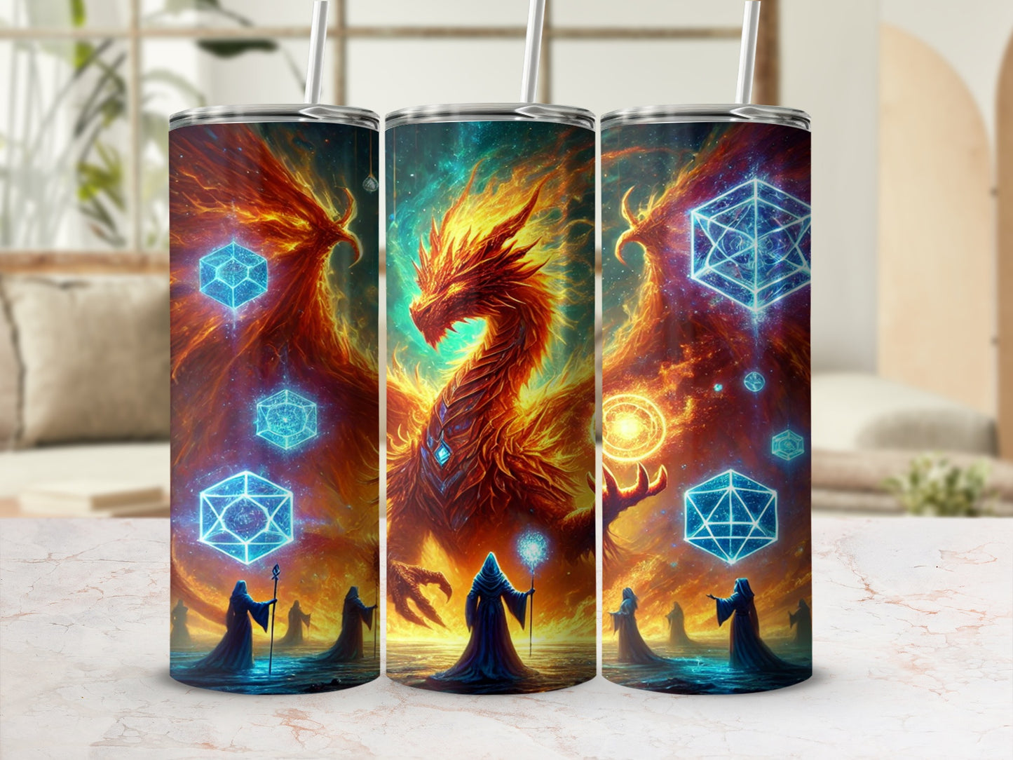 Mystical Dragon with Wizards Fantasy Tumbler Design