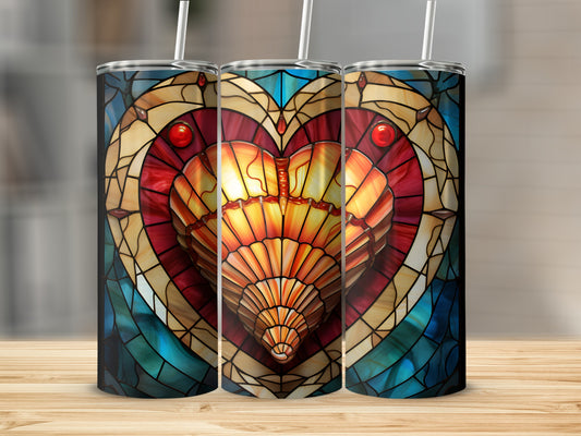 Three tumblers featuring a stained-glass heart design.