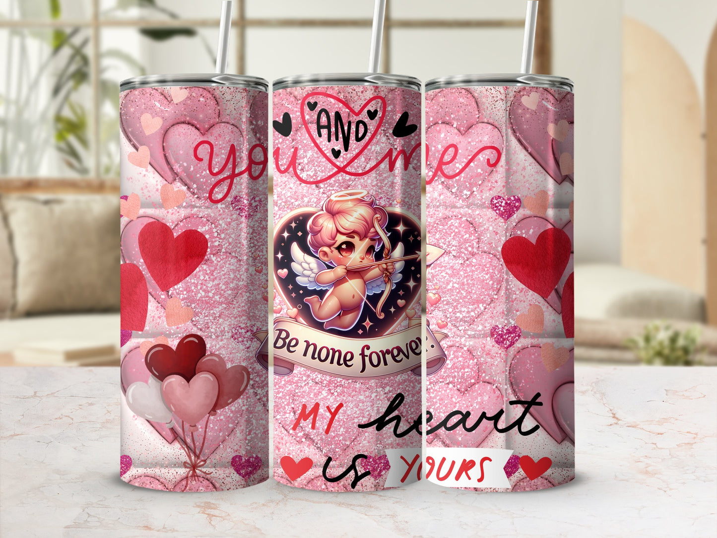 Pink Glitter Love Heart and Cupid Tumbler with Straw