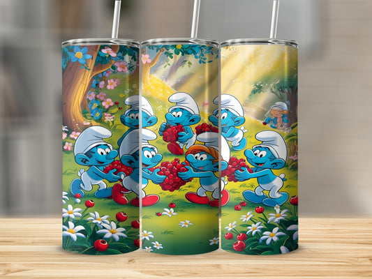 Smurfs picking red berries in a sunny forest clearing.