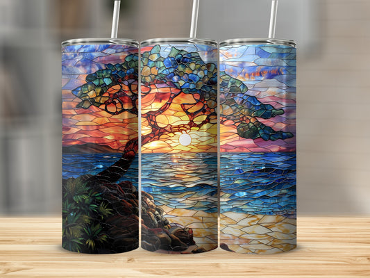 Three tumblers displaying a stained-glass sunset over the ocean.
