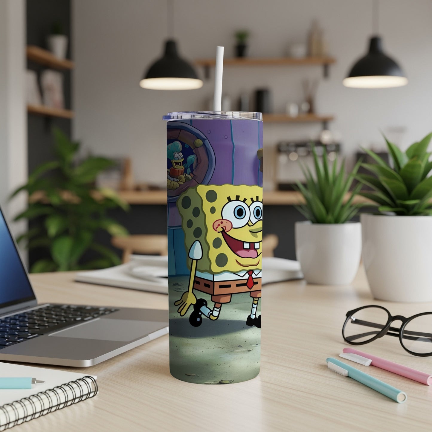 SpongeBob SquarePants walking on a colorful background with a white straw.