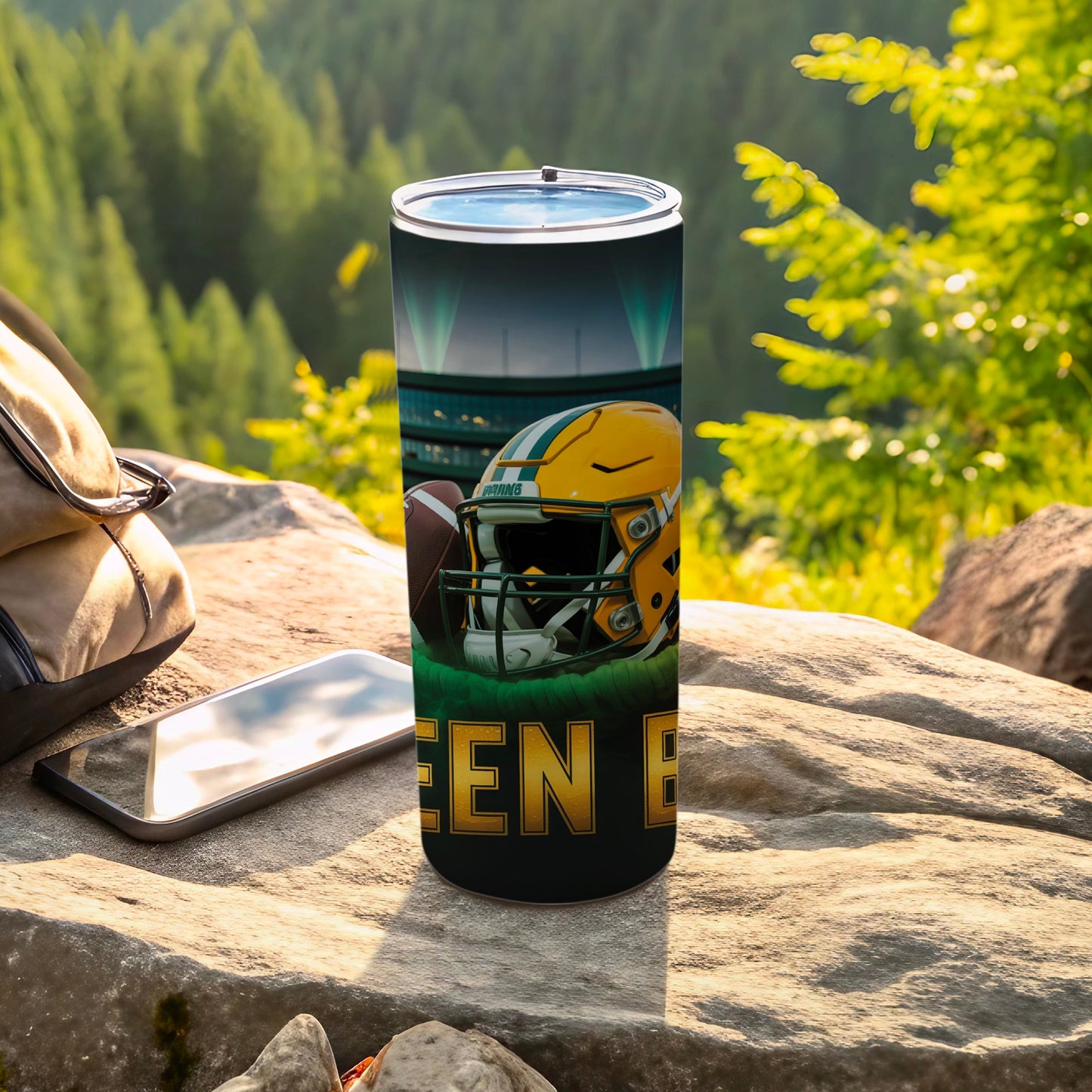 Green Bay Packers football helmet and stadium on a stainless steel tumbler.