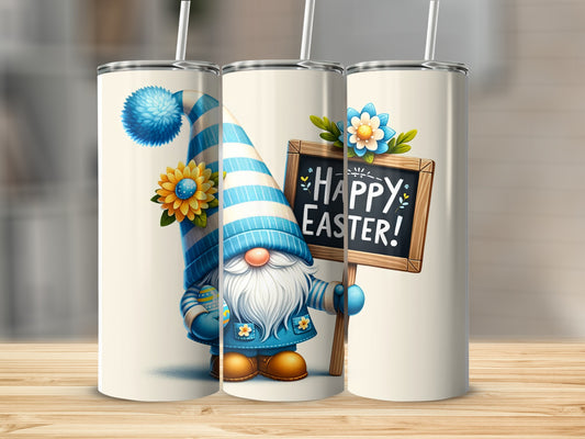 Gnome with blue striped hat holding "Happy Easter" sign and an egg.
