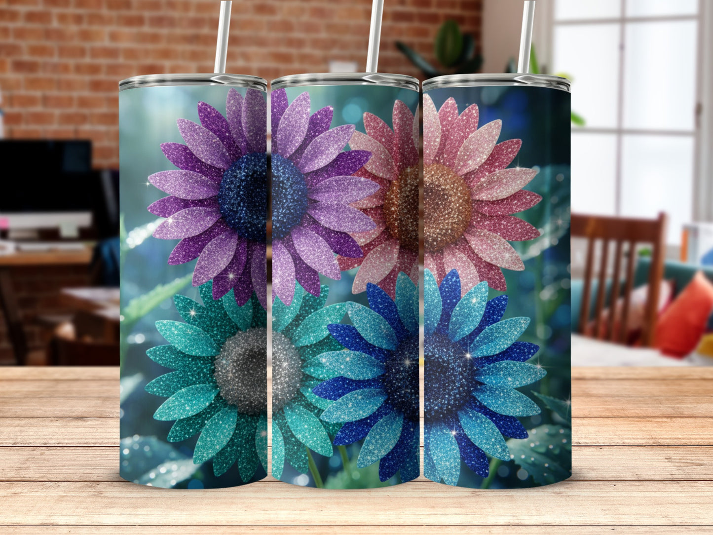 Glittery Multicolor Sunflower Design Tumbler Product