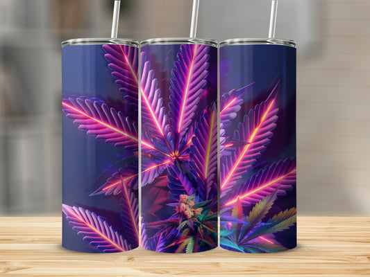 Purple neon cannabis leaf design on three tall tumblers.