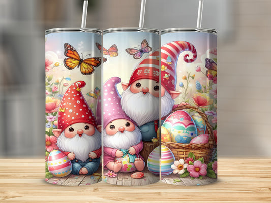 Easter gnomes with decorated eggs and butterflies in a garden.