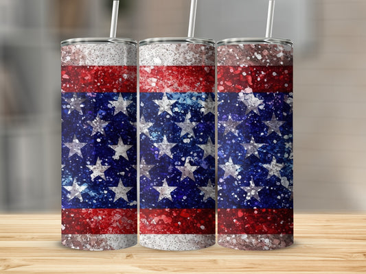 Three tumblers with patriotic stars and stripes glitter pattern.