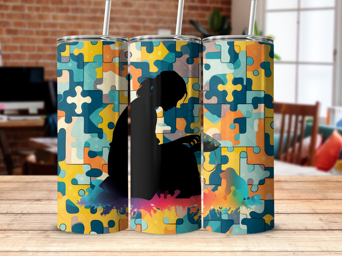 Colorful Puzzle Pieces Pattern Tumbler with Silhouette Design