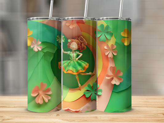 Three St. Patrick's Day tumblers with a dancing girl and shamrocks.
