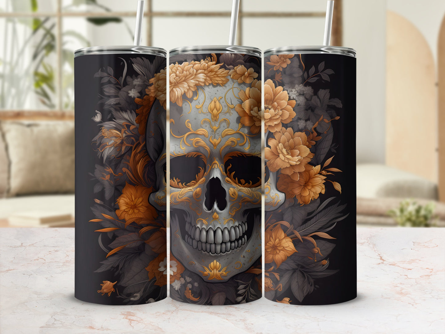 Floral Skull Tumbler with Autumn Blossoms Design