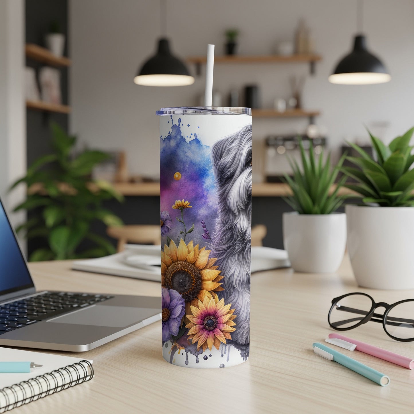 Tumbler with watercolor dog and sunflowers design.