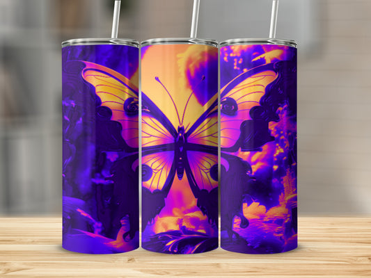 Three tumblers featuring a vibrant purple and yellow butterfly design.