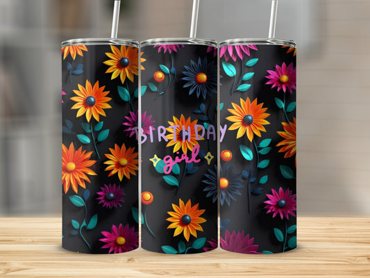 Three tumblers with a black floral design and "Birthday Girl" text.