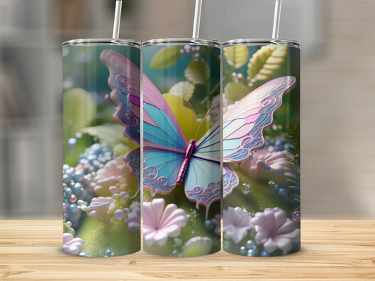Pink and blue butterfly on a floral background with beads.