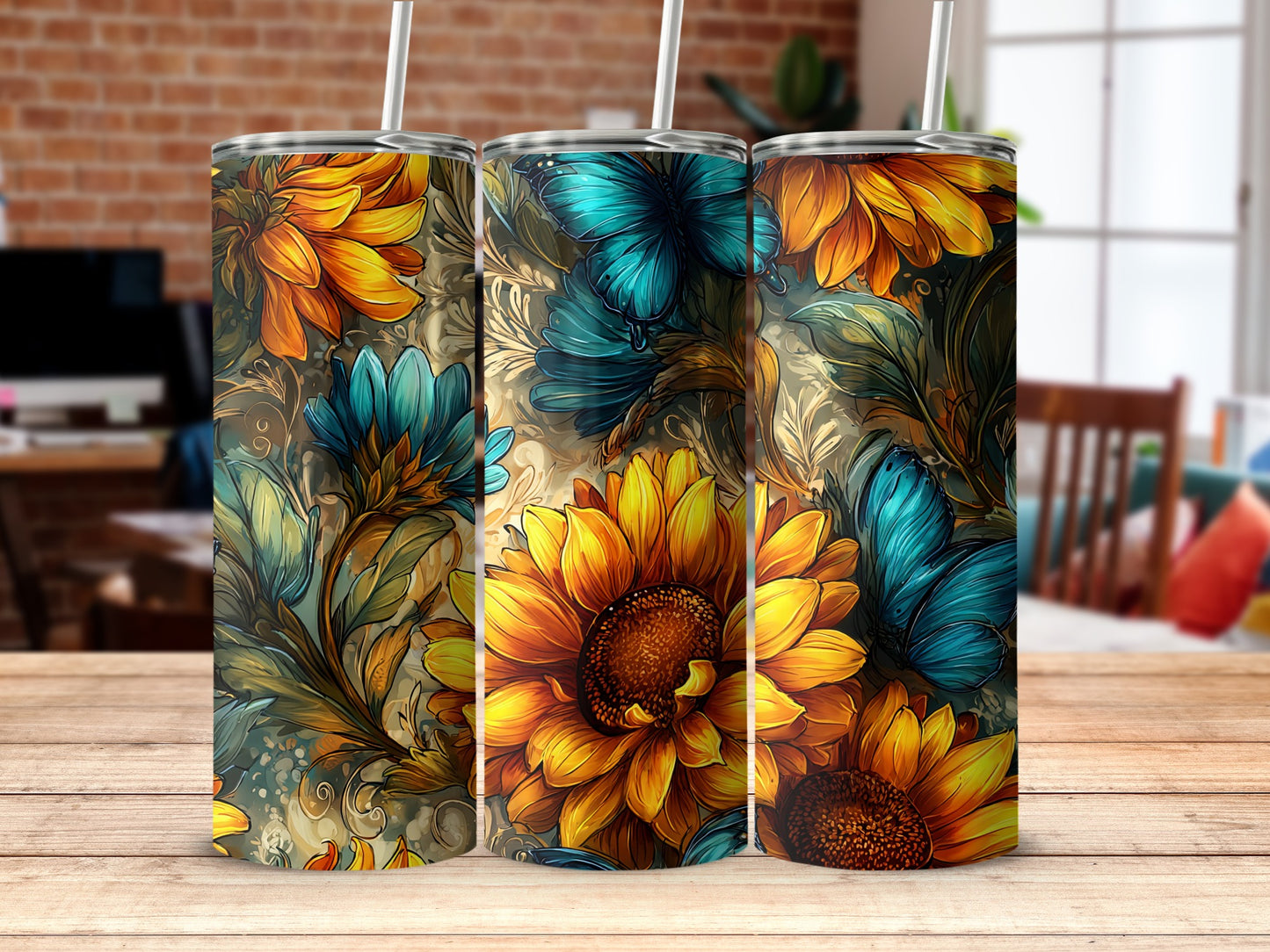 Vibrant Floral and Butterfly Design Stainless Steel Tumblers