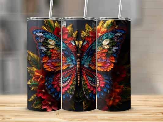 Colorful butterfly design on three tumblers with floral accents.