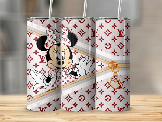 Minnie Mouse on a patterned tumbler with a gold zipper and heart charm.