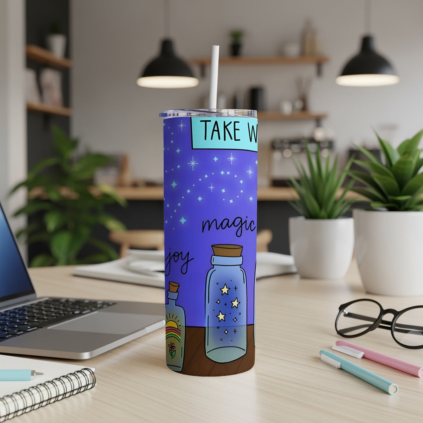 Tumbler with "Take what you need" and "joy magic" text, stars, and bottles.
