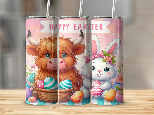 Highland cow and bunny with Easter eggs on a tumbler.