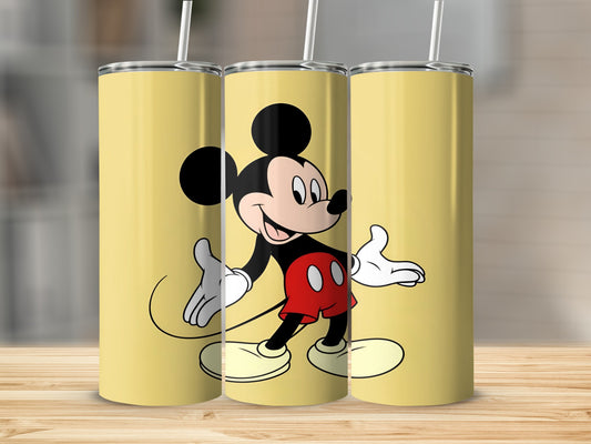 Mickey Mouse on a yellow tumbler with a white straw.
