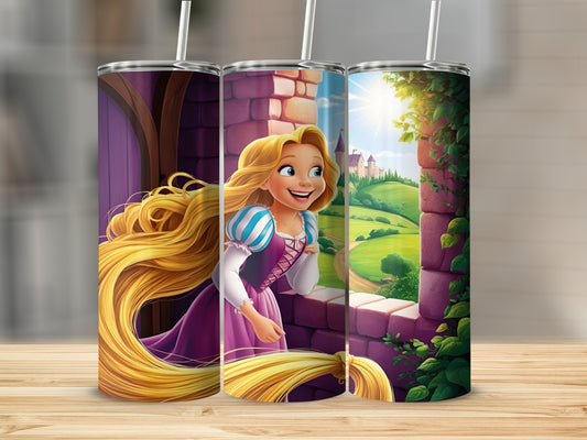 Rapunzel with long blonde hair, smiling, in a castle window.