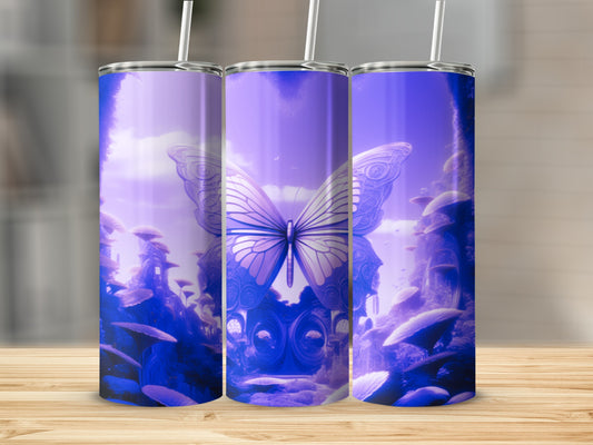 Purple tumbler with butterfly, mushrooms, and fantasy scene.
