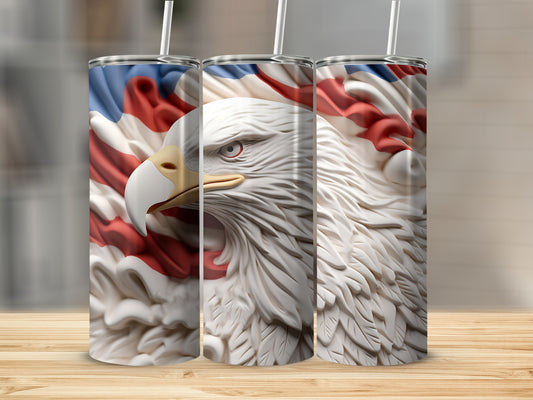 White eagle with American flag wrap on a tumbler.