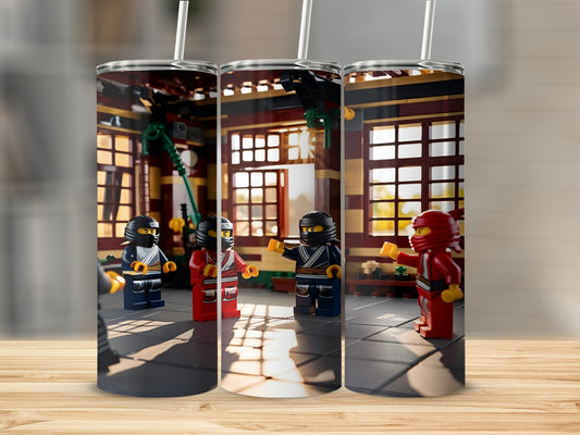 Three Lego ninjas stand in a room with wooden floors and sunlit windows.