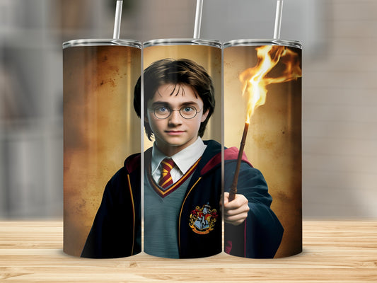 Harry Potter holding a wand with a flame.