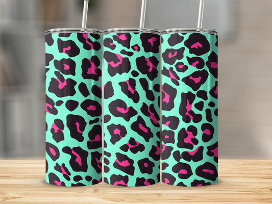 Three tumblers with a teal, pink, and black leopard print pattern.