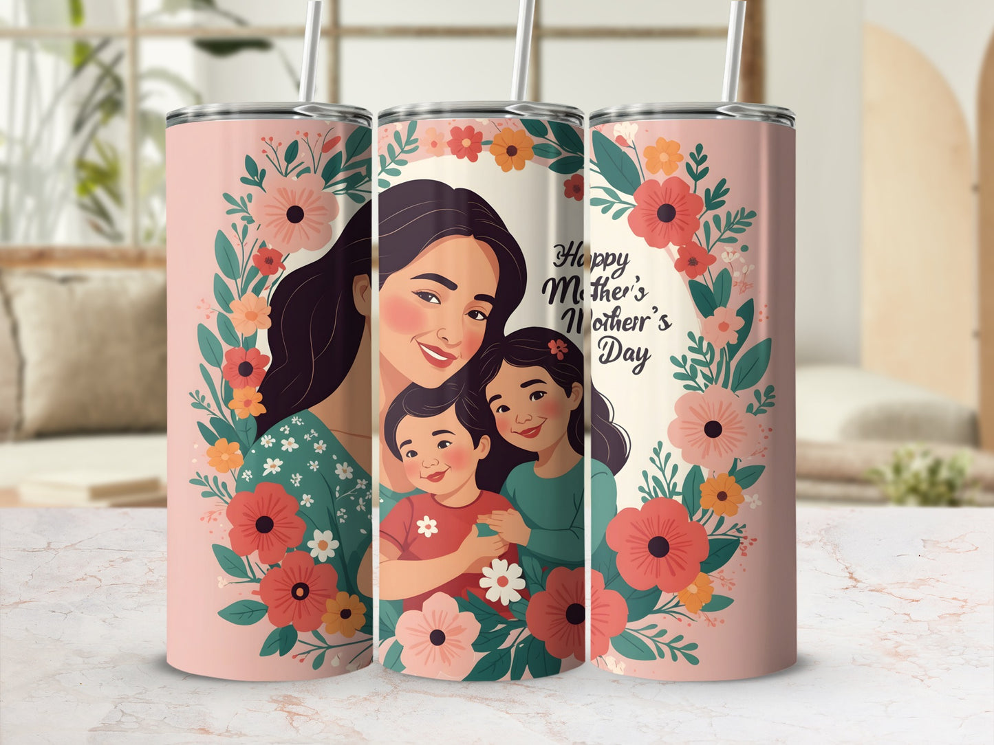 Happy Mother's Day Floral Tumbler with Straw