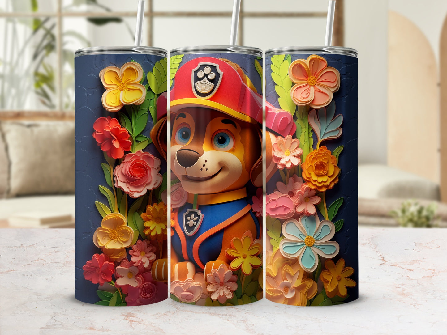 Adorable Paw Patrol Dog with Colorful Flowers Tumbler