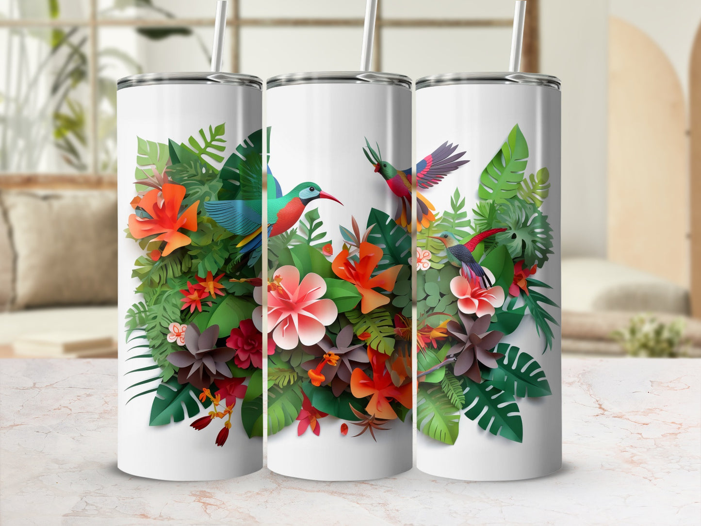 Colorful Tropical Hummingbird Floral Design Tumbler