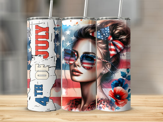 3D illustration of patriotic tumblers with American flag and woman's portrait.