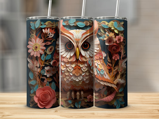 Triptych of tumblers featuring a detailed owl surrounded by floral elements.