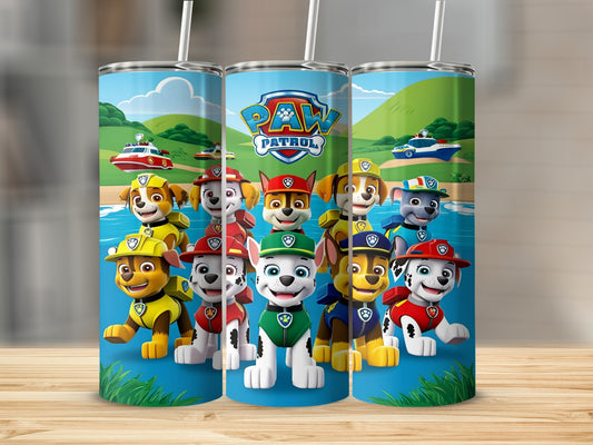 Paw Patrol characters on a blue and green background with a white straw.