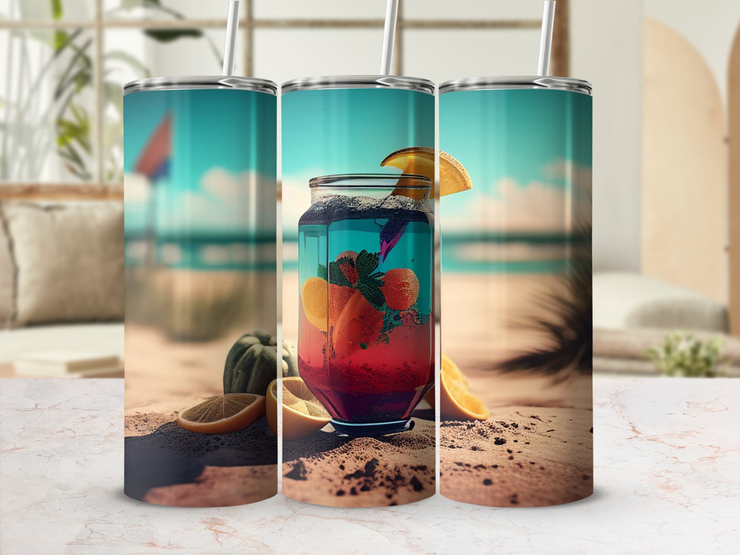 Beach-Themed Tumbler with Refreshing Summer Drink