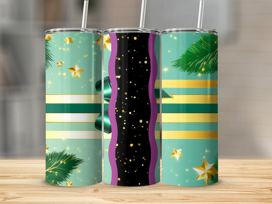 Three tumblers with green, gold, and purple stripes, stars, and pine boughs.