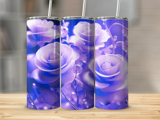 Three tumblers with a close-up, purple rose floral design.
