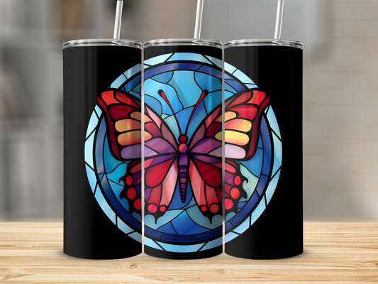 Black tumbler with stained glass butterfly design.