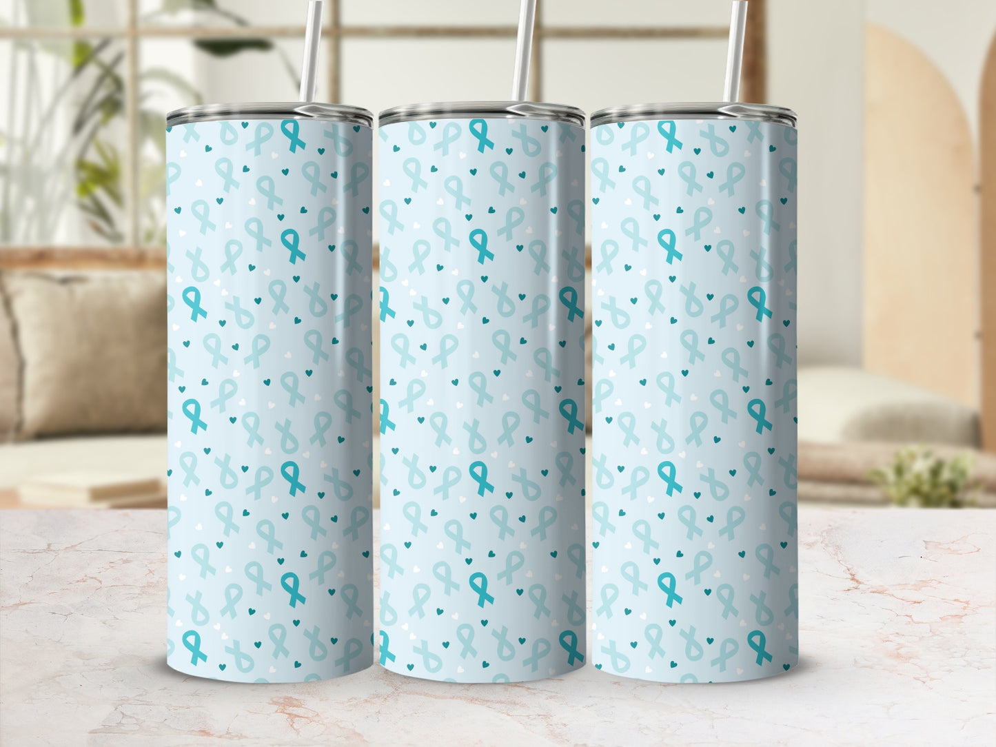 Teal Ribbon Pattern Tumbler for Awareness Campaigns