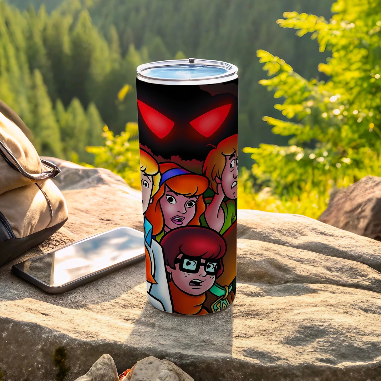 Scooby-Doo characters on a tumbler with a shadowy figure in background.