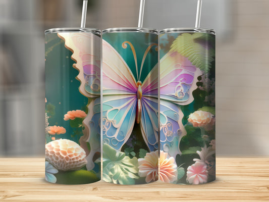 Three tumblers featuring a colorful butterfly and floral design.