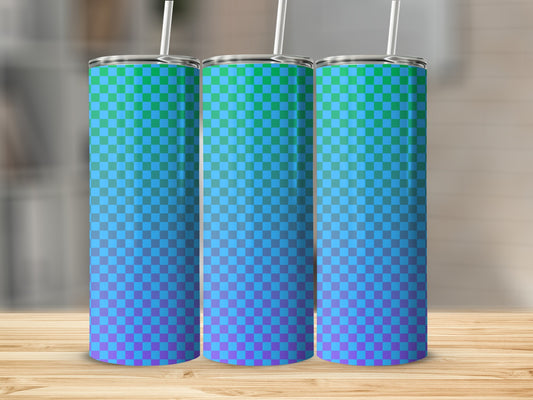 Three tumblers with a blue and green checkered gradient pattern.