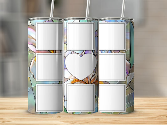 Three blank white frames in a mosaic pattern on a skinny tumbler.