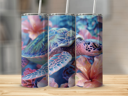 Three tumblers featuring a sea turtle and floral underwater design.
